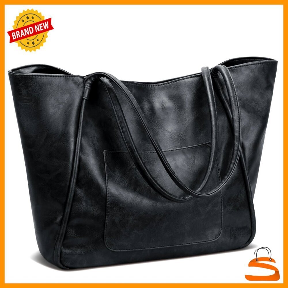 Large Distressed Faux Leather Tote Bag with Anti-Theft Zipper for Work Travel